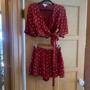 cherry print 2PC outfit wrap top & skirt Valentines Day